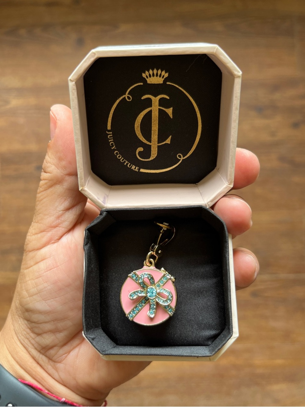 Juicy Couture Pink Enamel Charm with Blue-Green Crystal Bow